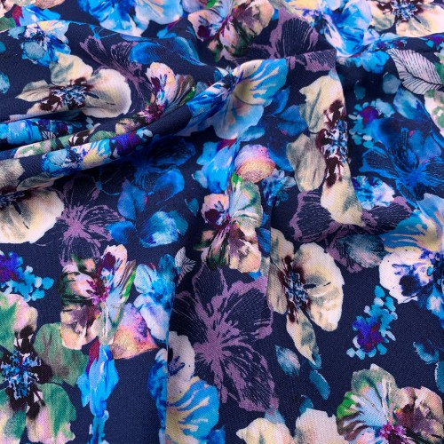 Flowers Pattern Printed Viscose Fabric - Dark Blue / Multi VS0002